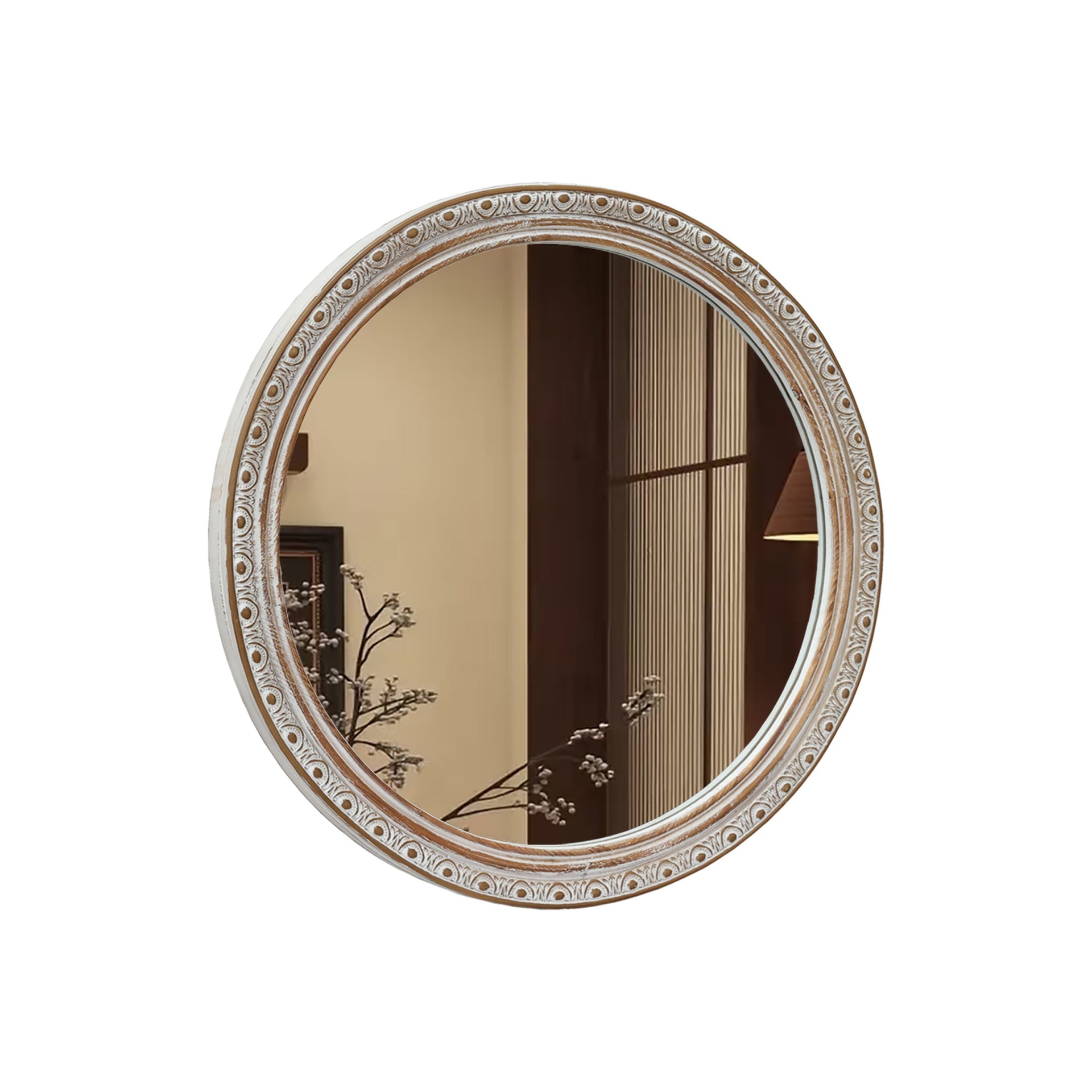 Ornate Round Wall Mirror (23.62" x 23.62") - Distressed Silver-Gold Carved Frame, Decorative Hanging Mirror for Bathroom, Bedroom, Entryway & Living Room