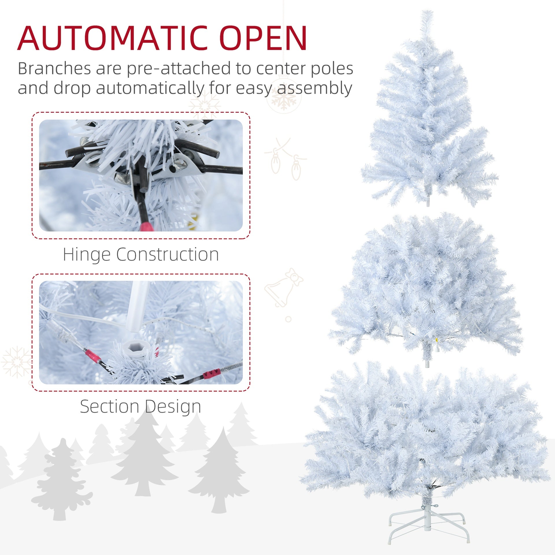 HOMCOM 6ft Tall Prelit Artificial Christmas Tree Holiday Décor with 638 Branches, 220 Warm White LED Lights, Auto Open, White