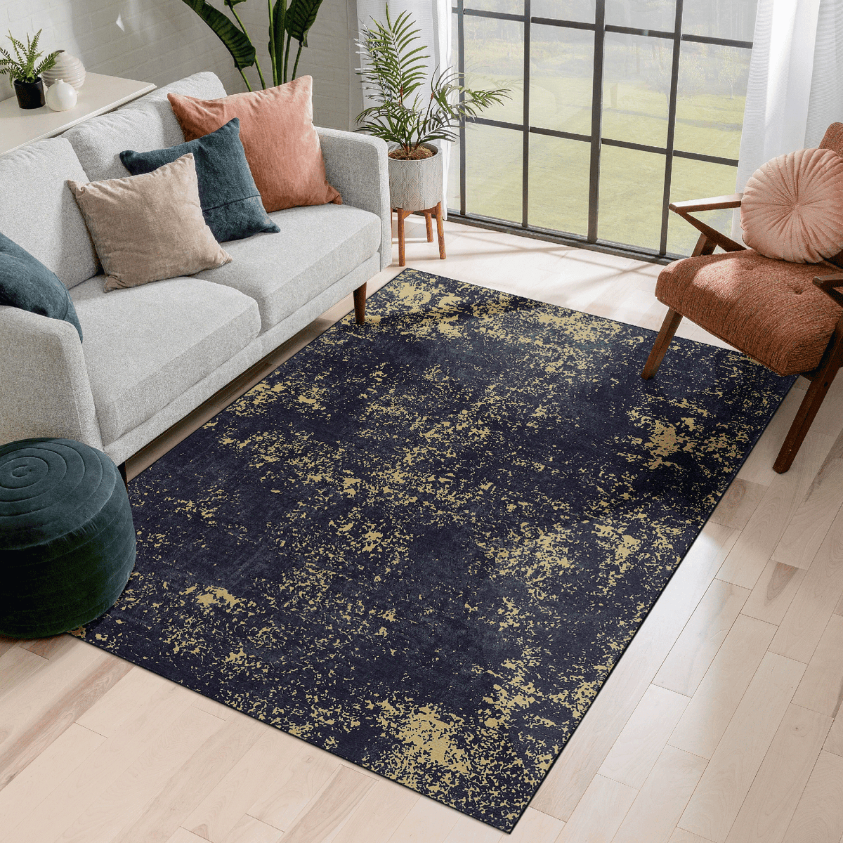 MAVAL Black Washable Rug 3x5 Area Rug (Black+Gold, 3' x 5')