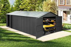 12x20FT Outdoor Metal Garage Shed, Extra Large Metal Carport with Lockable Double Hinged Doors, Heavy Duty Car Shelter for Car, Truck, Motorcycle and Lawn Equipment, Dark Grey