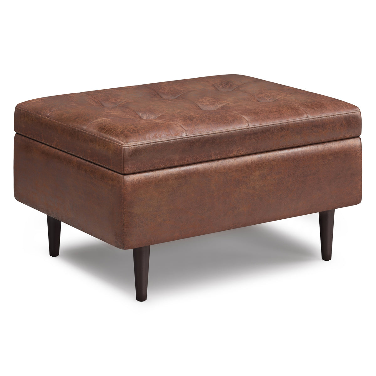 Shay 34 inch Wide Mid-Century Small Coffee Table Storage Ottoman in Distressed Saddle Brown Vegan Leather