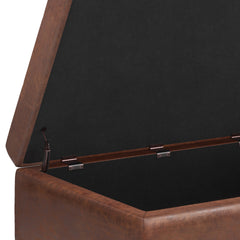 Shay 34 inch Wide Mid-Century Small Coffee Table Storage Ottoman in Distressed Saddle Brown Vegan Leather