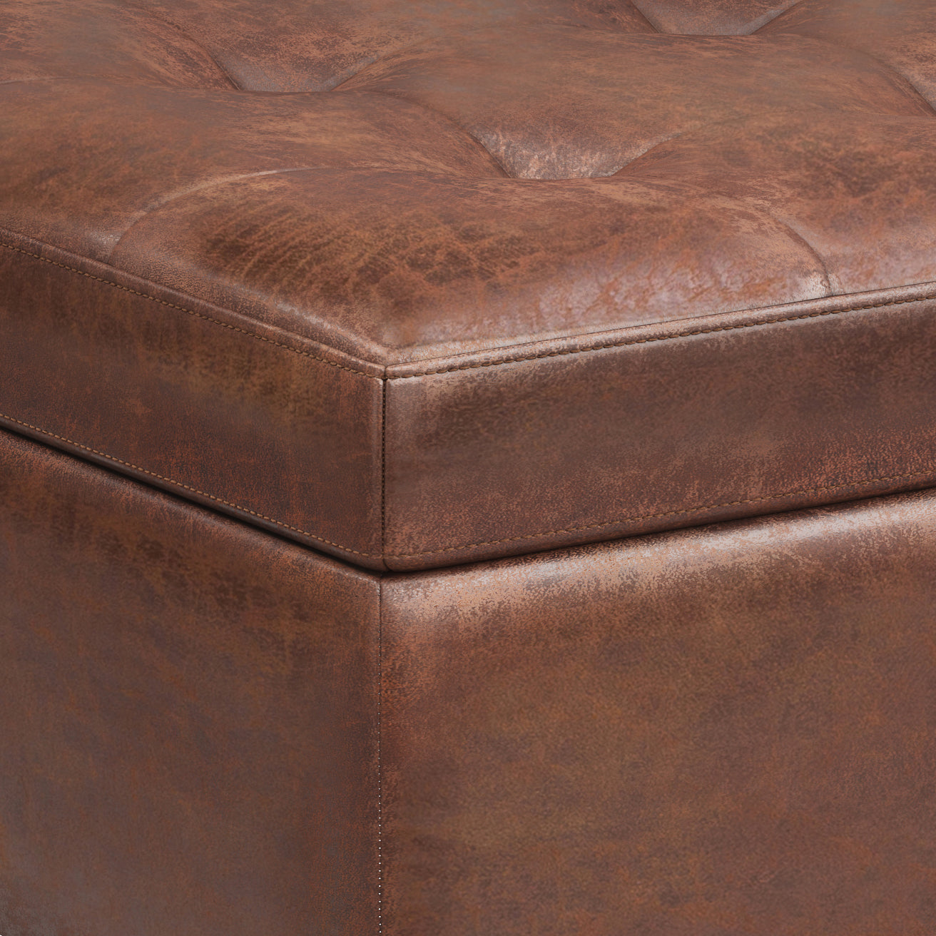 Shay 34 inch Wide Mid-Century Small Coffee Table Storage Ottoman in Distressed Saddle Brown Vegan Leather