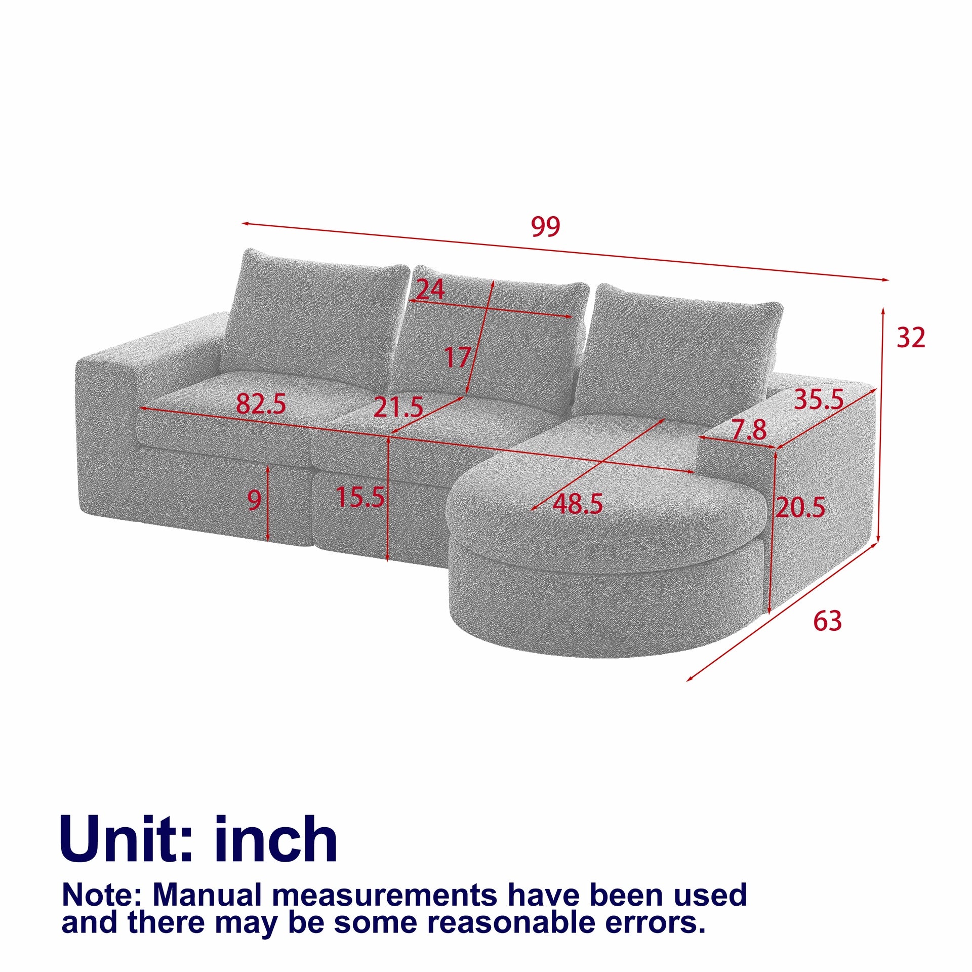 99-Inch Chenille Cloud Curved Sectional Sofa with Chaise, L-Shaped Modern Boneless Couch with Deep Seats, Chenille Sectional Sofa for Living Room and Bedroom, No Assembly Required