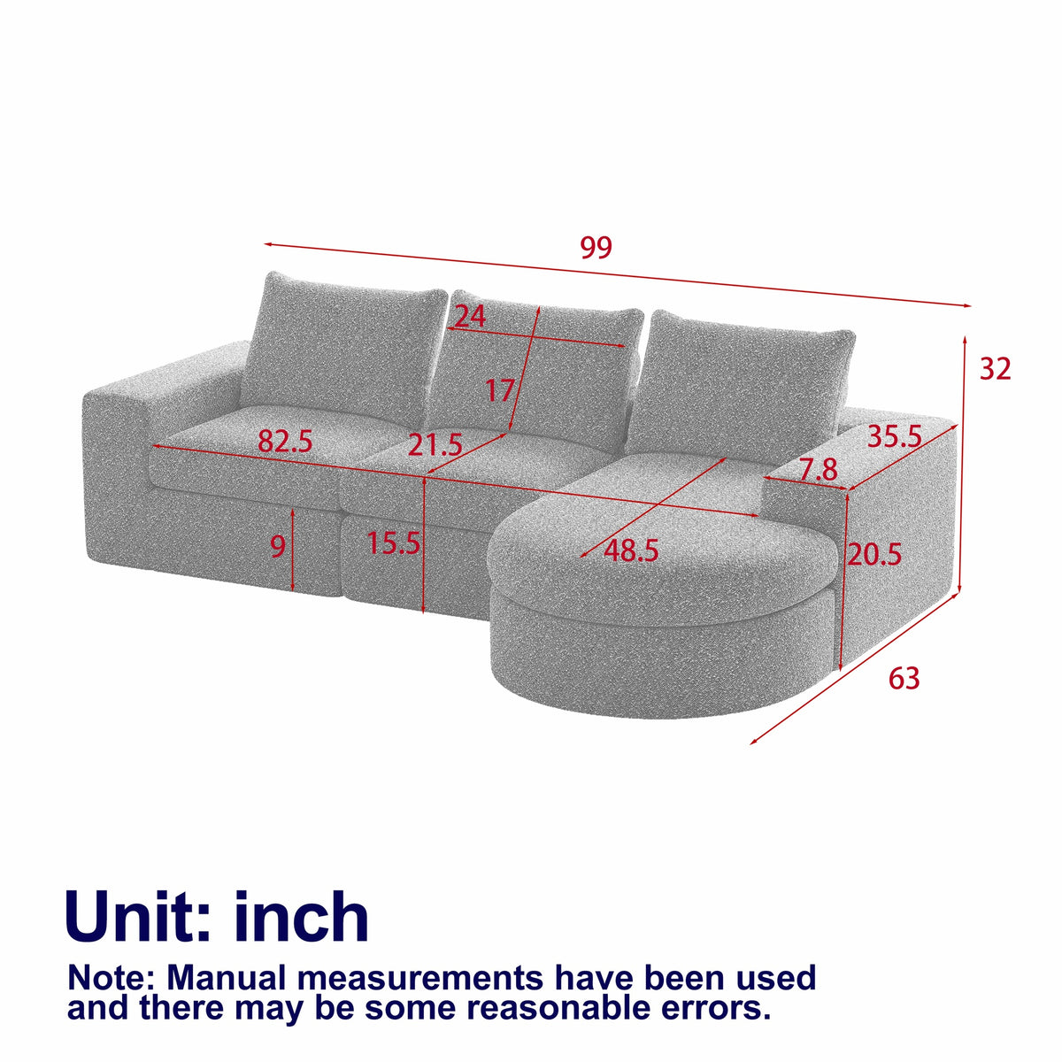 99-Inch Chenille Cloud Curved Sectional Sofa with Chaise, L-Shaped Modern Boneless Couch with Deep Seats, Chenille Sectional Sofa for Living Room and Bedroom, No Assembly Required