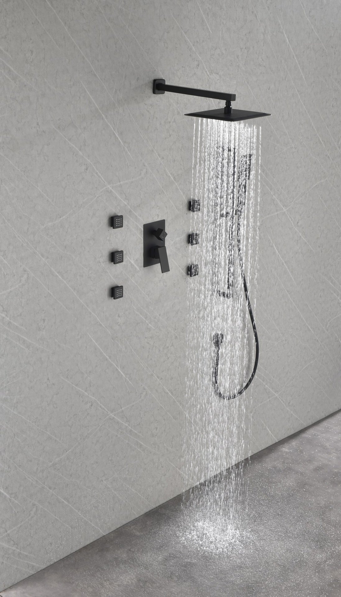 Wall mounted shower system with 6 body sprays and hand shower