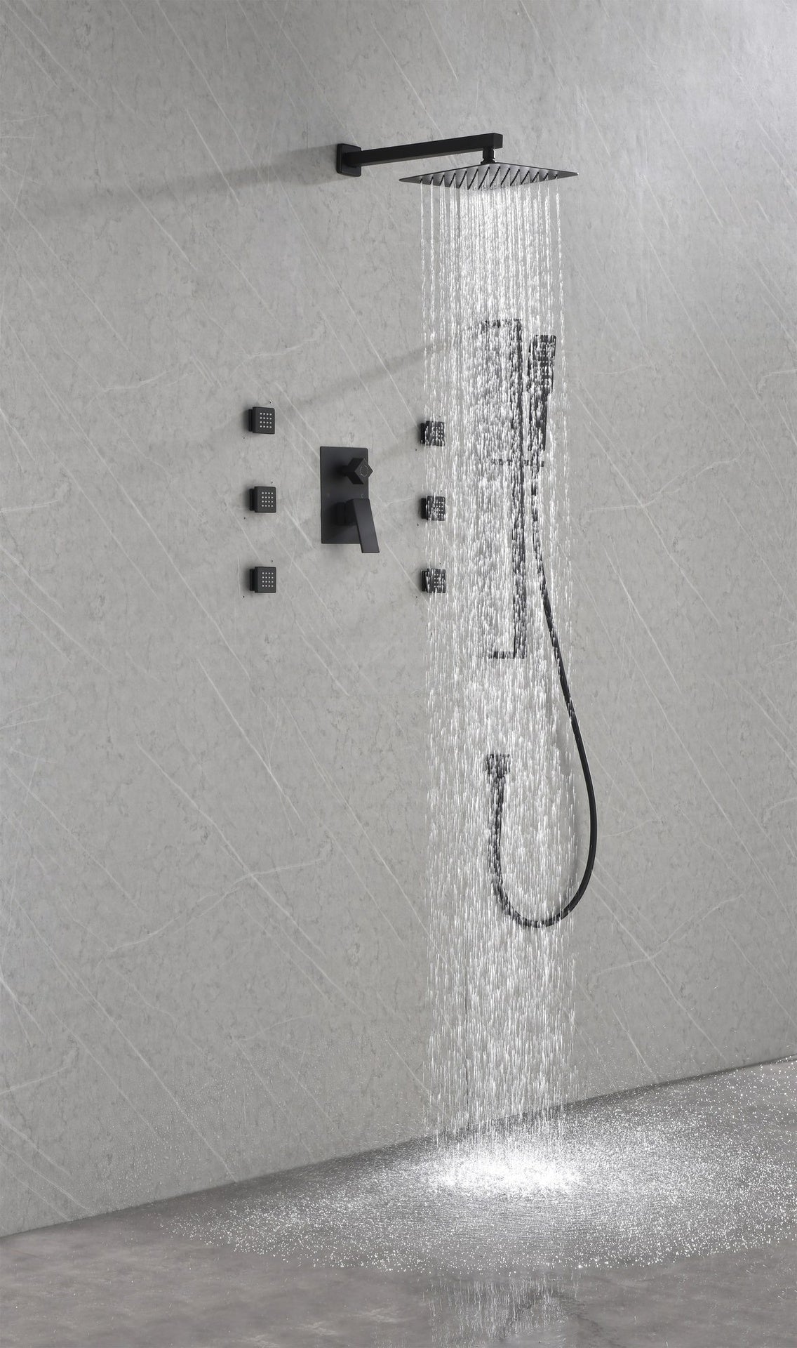 Wall mounted shower system with 6 body sprays and hand shower