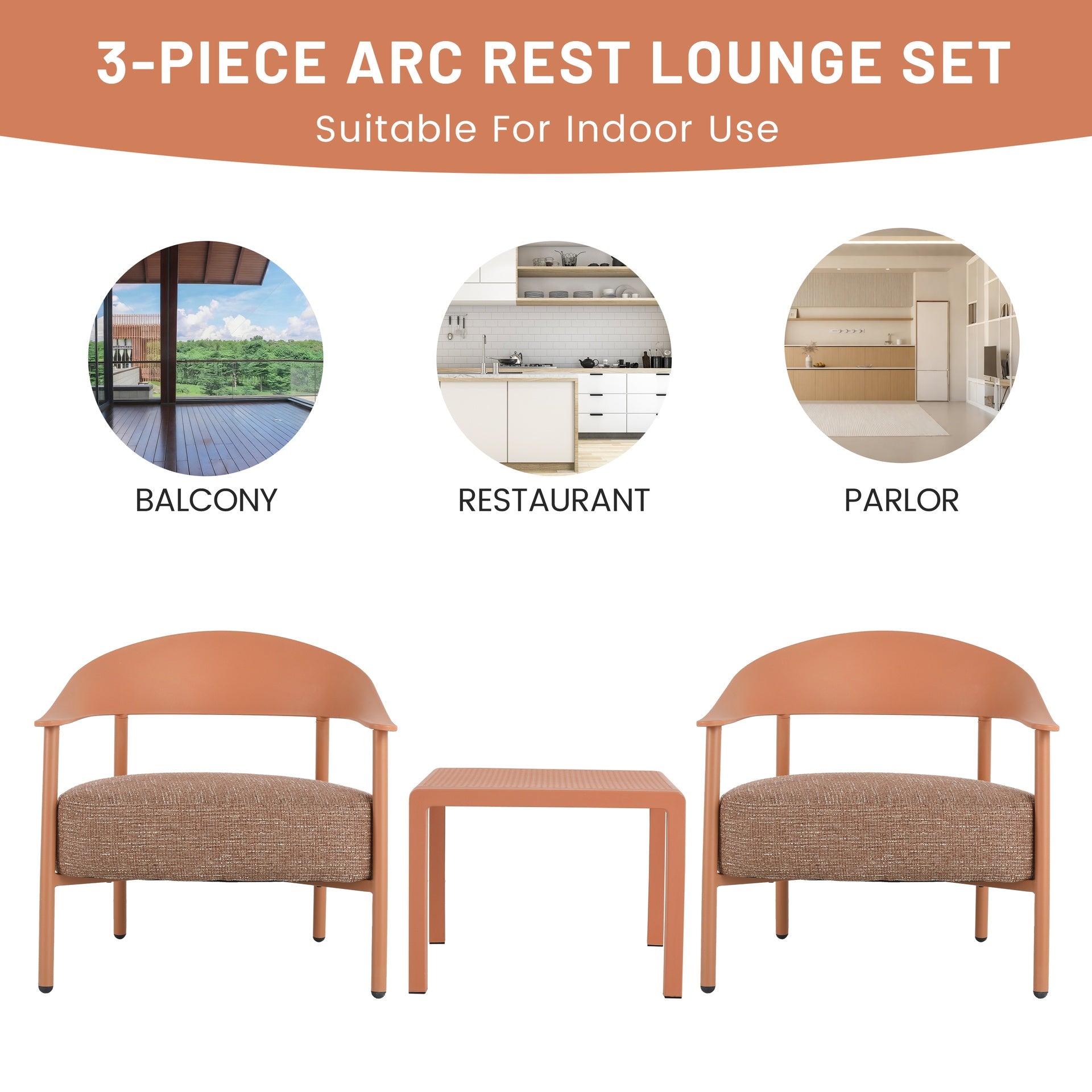 Holiday - Modern 2-Piece Accent Chair Set with Coffee Table – Apricot Brown PP & Steel Frame Sofa Set, Soft Cushioned Seating for Living Room, Lounge, Balcony (2 Chairs + 1 Table)