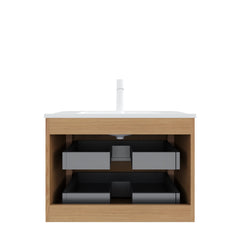 NOOR 30" Bathroom Vanity with Sink, Wall-Mounted Floating Plywood Striped Bathroom Storage Cabinet with 2 Drawers, White Rectangle Ceramic Basin, NO Faucet, Pre-assembled, Natural Woodgrain Color