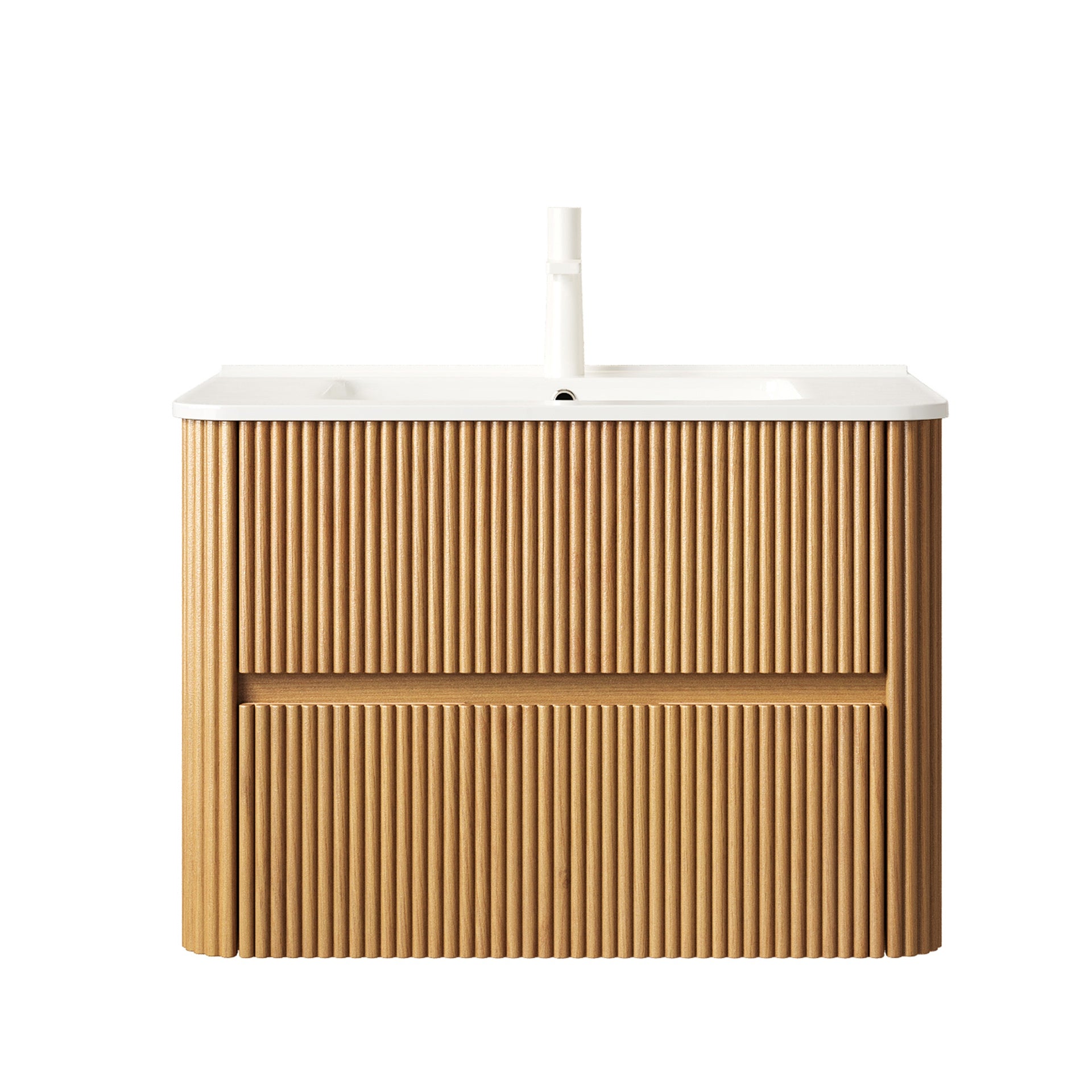 NOOR 30" Bathroom Vanity with Sink, Wall-Mounted Floating Plywood Striped Bathroom Storage Cabinet with 2 Drawers, White Rectangle Ceramic Basin, NO Faucet, Pre-assembled, Natural Woodgrain Color