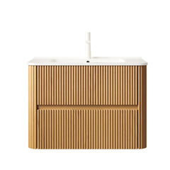NOOR 30" Bathroom Vanity with Sink, Wall-Mounted Floating Plywood Striped Bathroom Storage Cabinet with 2 Drawers, White Rectangle Ceramic Basin, NO Faucet, Pre-assembled, Natural Woodgrain Color