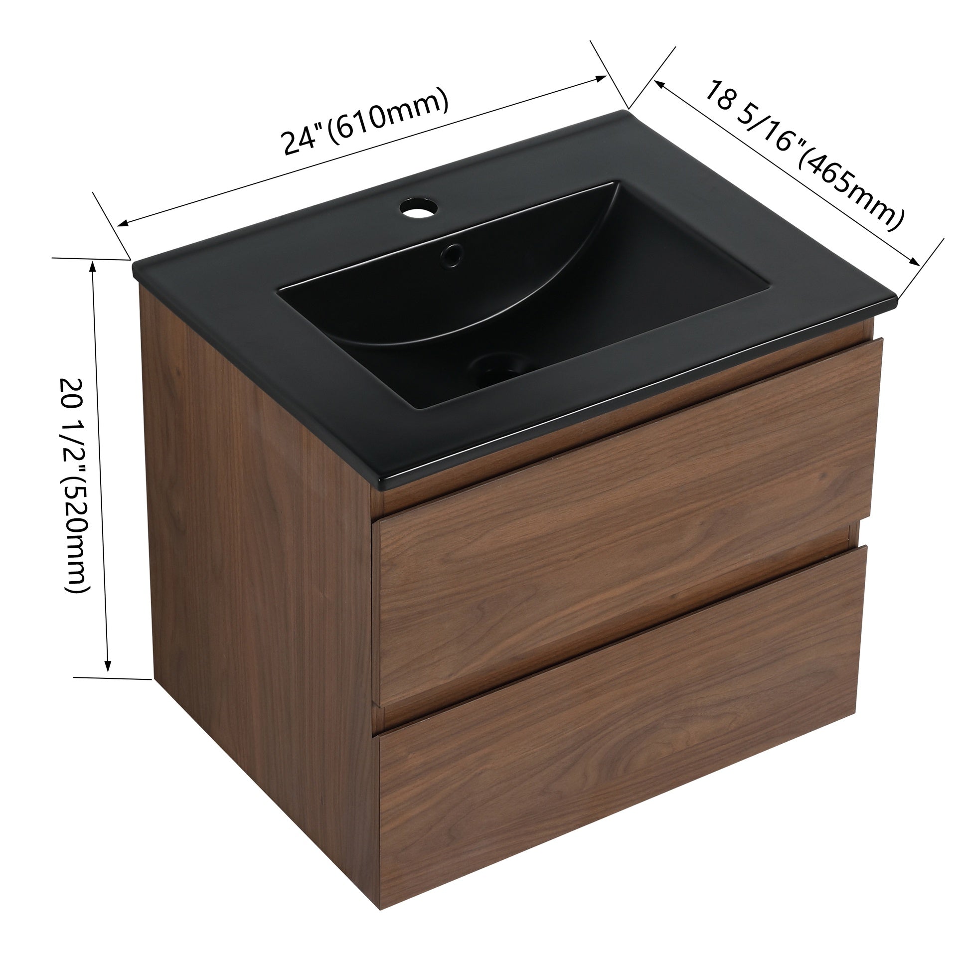 24" Wall-Mounted Bathroom Vanity With Black Ceramic Sink, 2-Soft Close Drawers, KD-Package