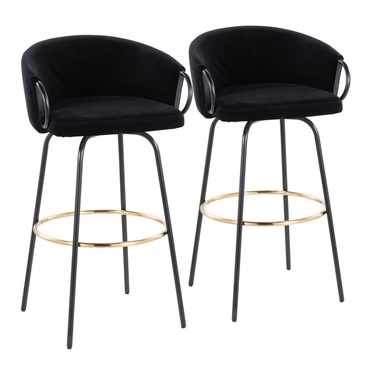 Claire Contemporary/Glam Barstool in Black Metal and Black Velvet with Gold Metal Footrest by LumiSource - Set of 2