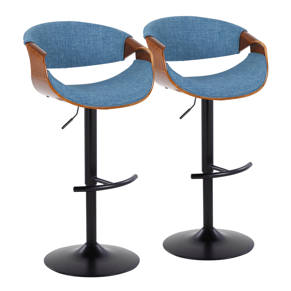 Curvo Mid-Century Modern Adjustable Barstool with Swivel in Black Metal, Walnut Wood and Blue Fabric with Rounded T Footrest by LumiSource - Set of 2