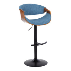 Curvo Mid-Century Modern Adjustable Barstool with Swivel in Black Metal, Walnut Wood and Blue Fabric with Rounded T Footrest by LumiSource - Set of 2