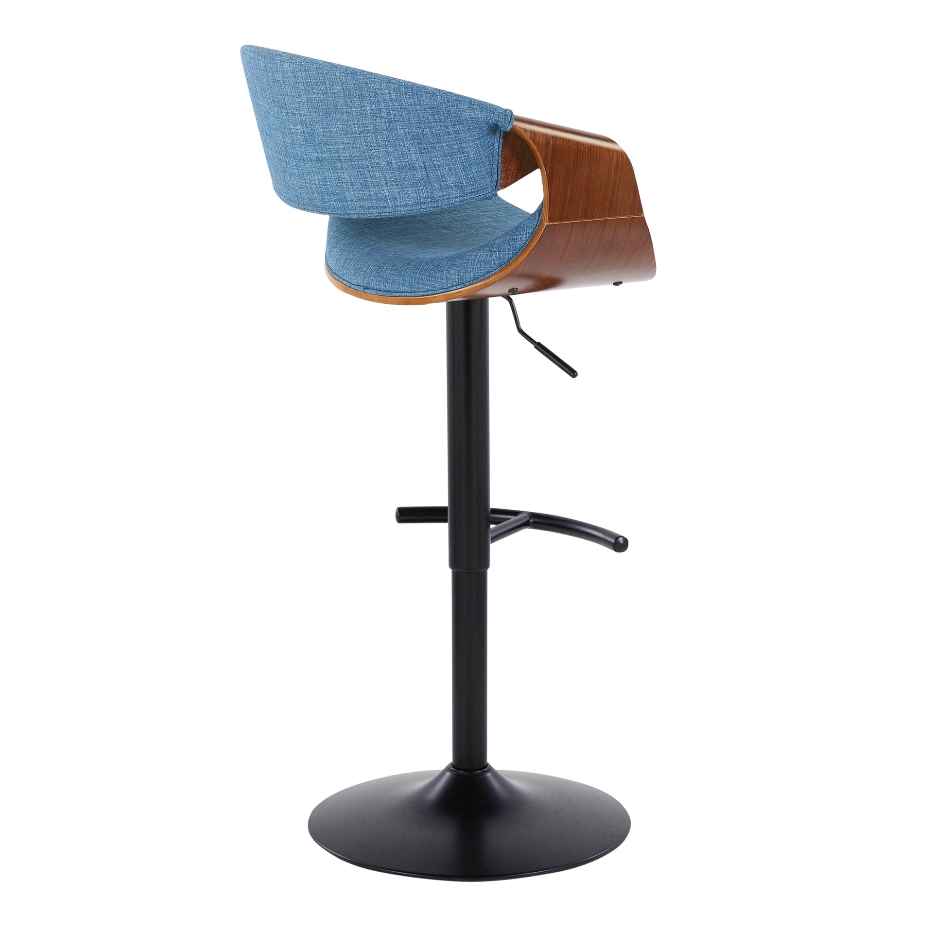 Curvo Mid-Century Modern Adjustable Barstool with Swivel in Black Metal, Walnut Wood and Blue Fabric with Rounded T Footrest by LumiSource - Set of 2