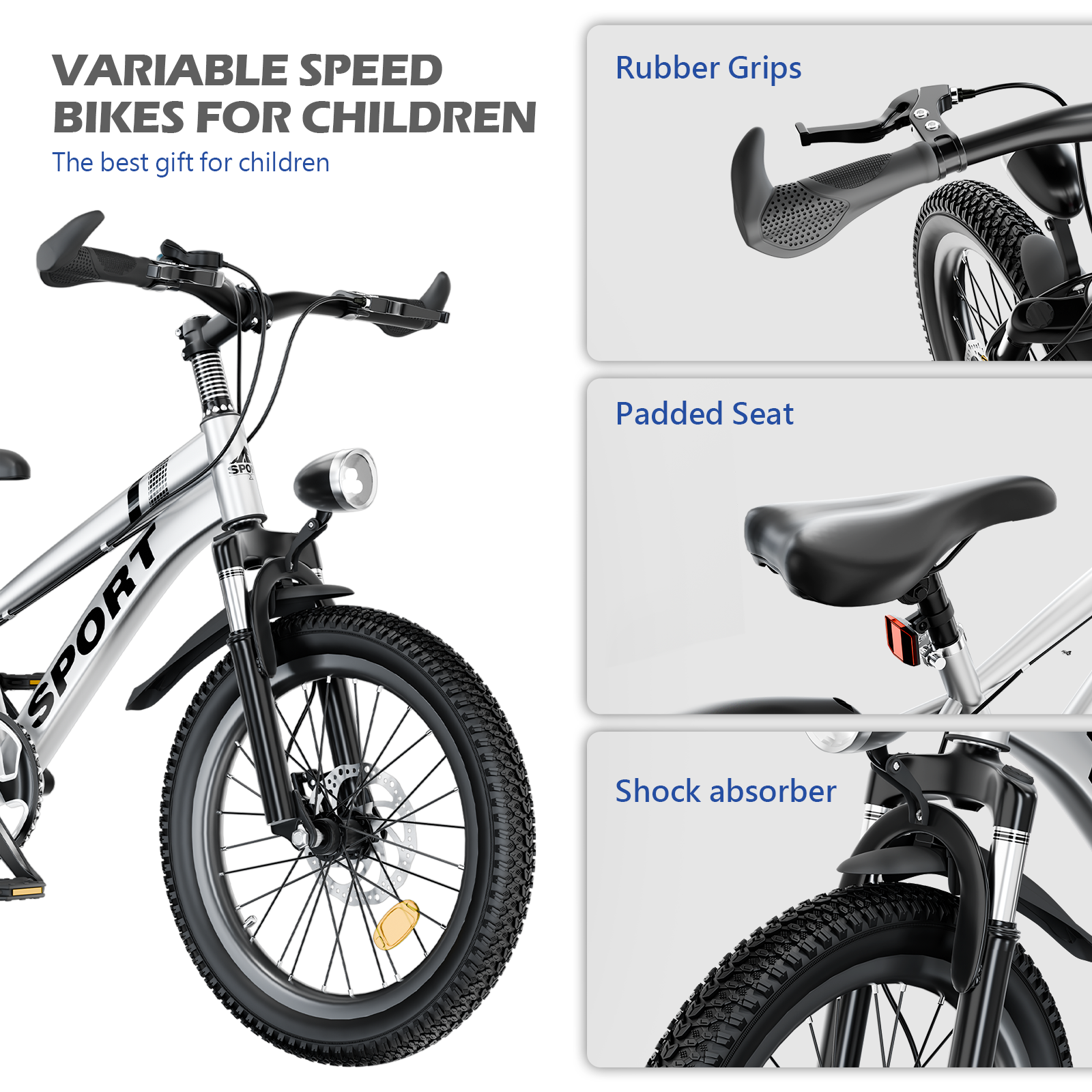 FKZNPJ 20 Inch Kids Mountain Bike for Boys & Girls Ages 7-12 – 7-Speed Gears, Dual Disc Brakes, Shock Absorber Front Fork, LED Light – Silver & Pink