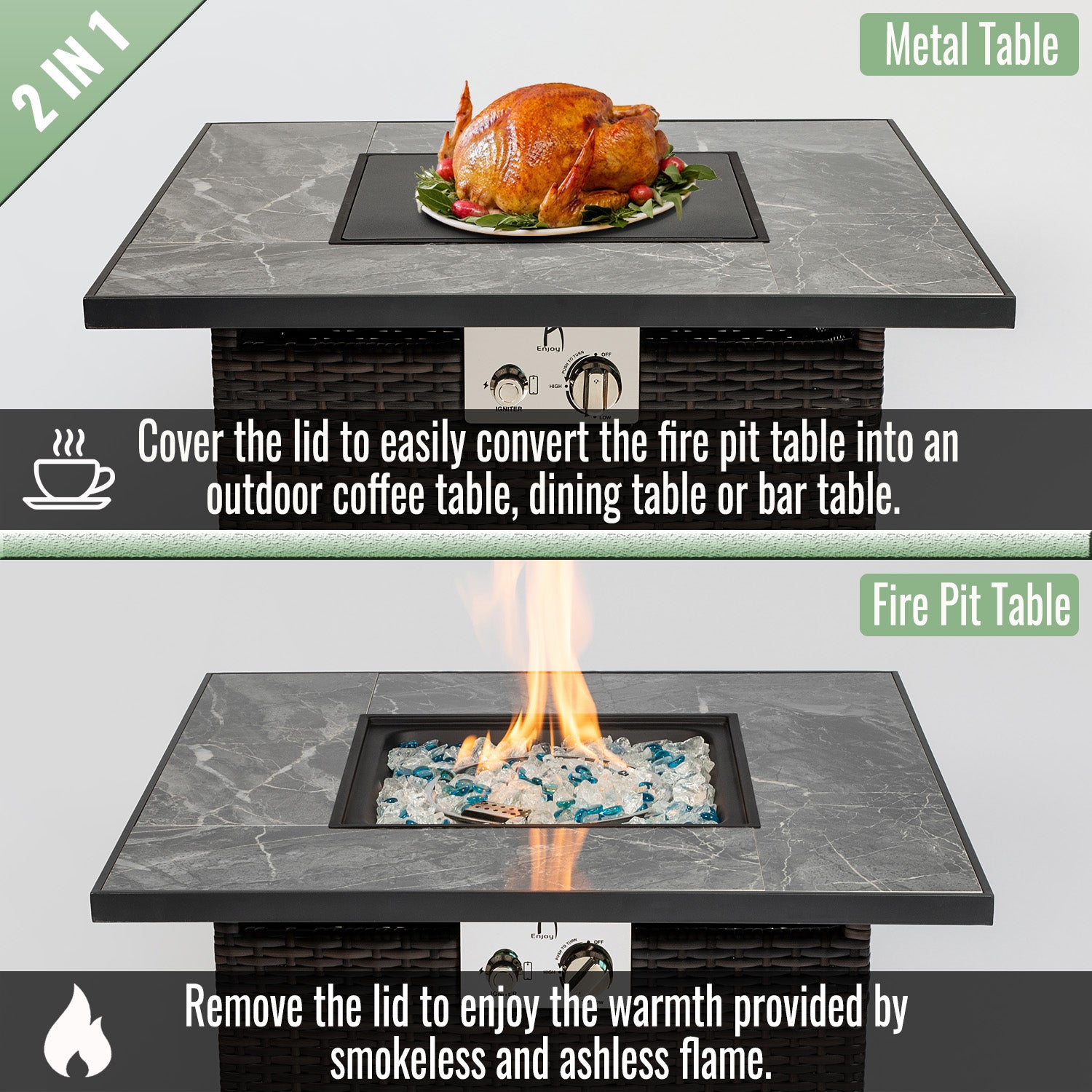 30" Propane Gas Fire Pit Table, 50000 BTU Square Fire Pit, Tile Tabletop with Beautiful Wicker Base for Outside Patio Deck Garden Courtyard-Brown
