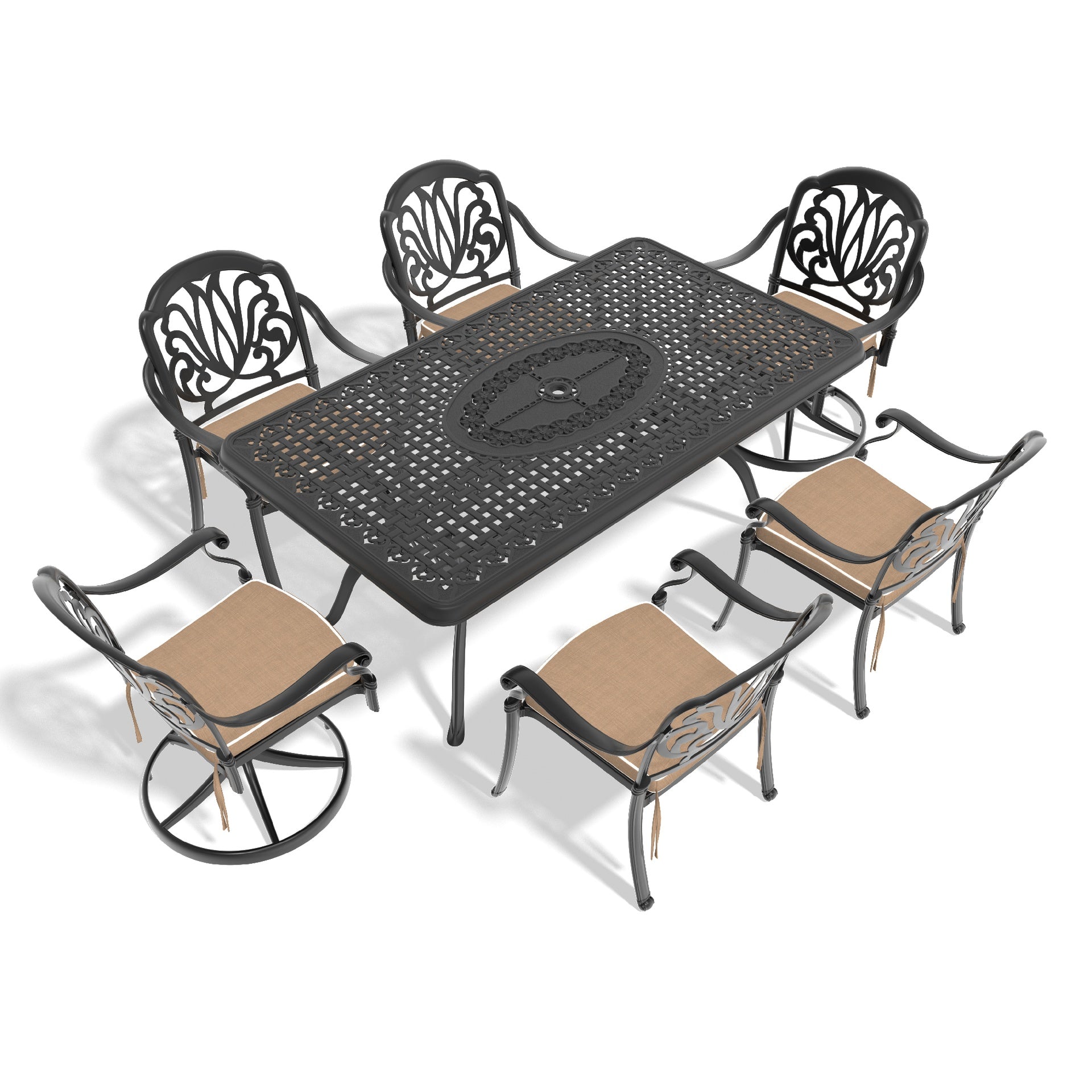 7-Piece All-Weather Cast Aluminum Dining Set, Include 2 Swivel Chairs,4 Dining Chairs and Rectangular Table With Black Frame(same sku:W1710S00369)