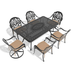 7-Piece All-Weather Cast Aluminum Dining Set, Include 2 Swivel Chairs,4 Dining Chairs and Rectangular Table With Black Frame(same sku:W1710S00369)