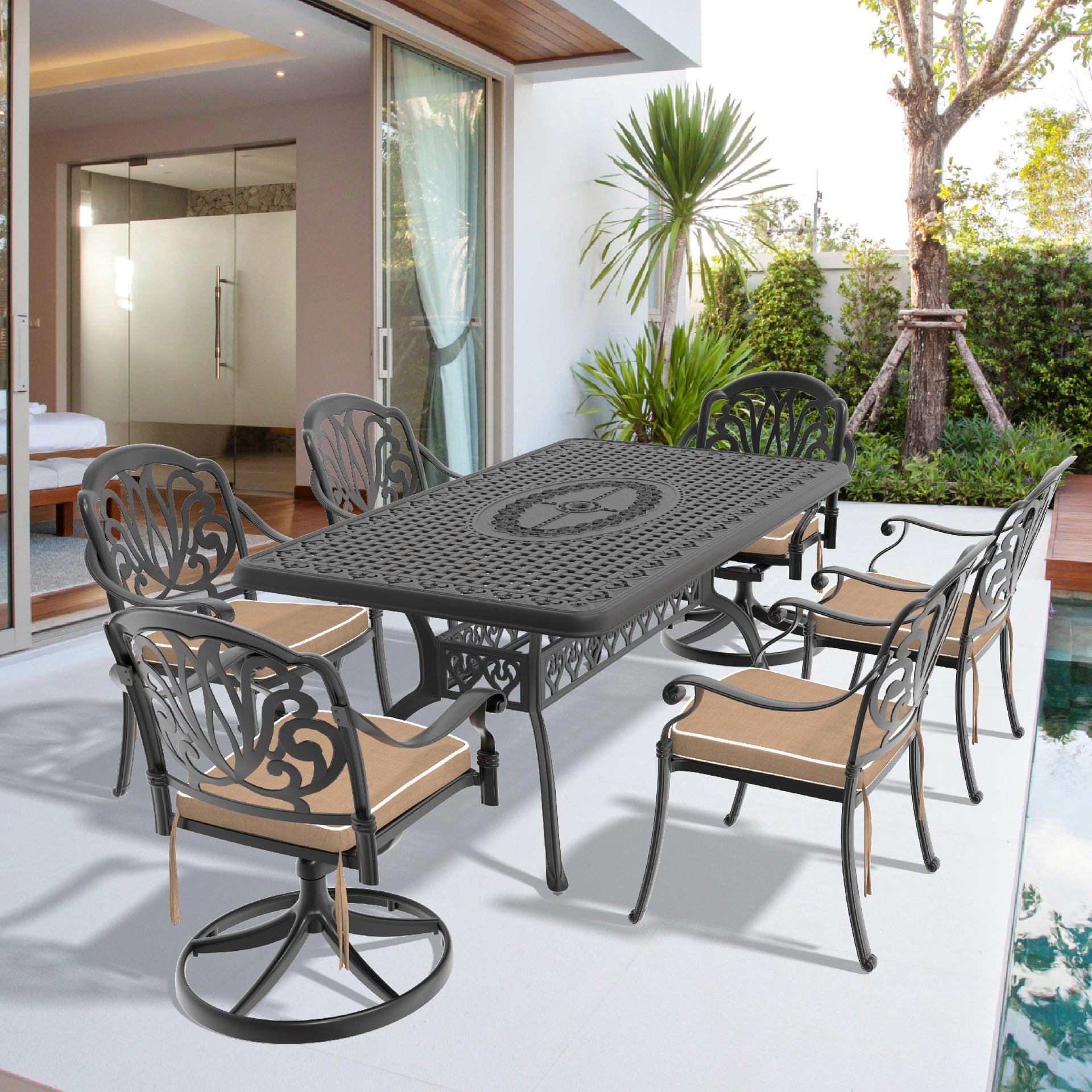 7-Piece All-Weather Cast Aluminum Dining Set, Include 2 Swivel Chairs,4 Dining Chairs and Rectangular Table With Black Frame(same sku:W1710S00369)
