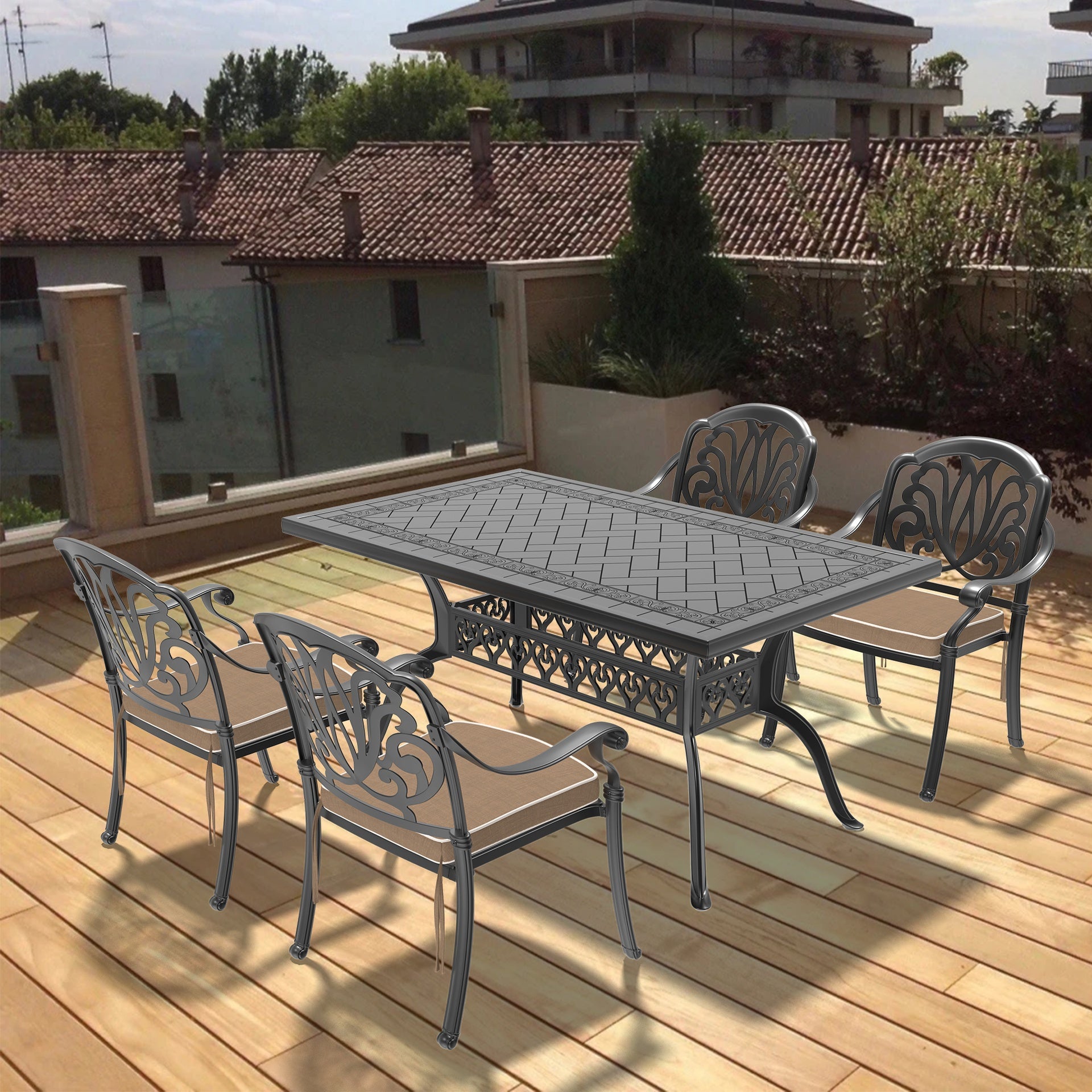 5-Piece Set Of Cast Aluminum Patio Furniture With Brown Cushions(same sku:W1710S00079)
