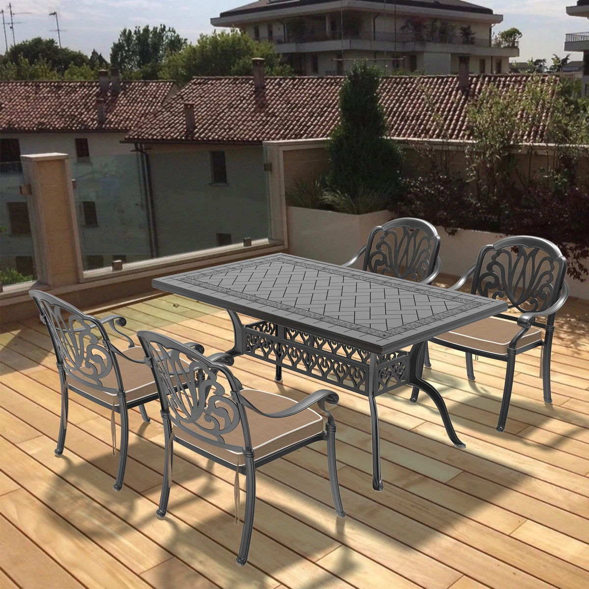 5-Piece Set Of Cast Aluminum Patio Furniture With Brown Cushions(same sku:W1710S00079)