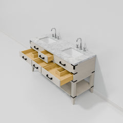 White Oak Double Bath Vanity 60 in. W x 22 in. D, Carrara Marble Top, and Faucet Set