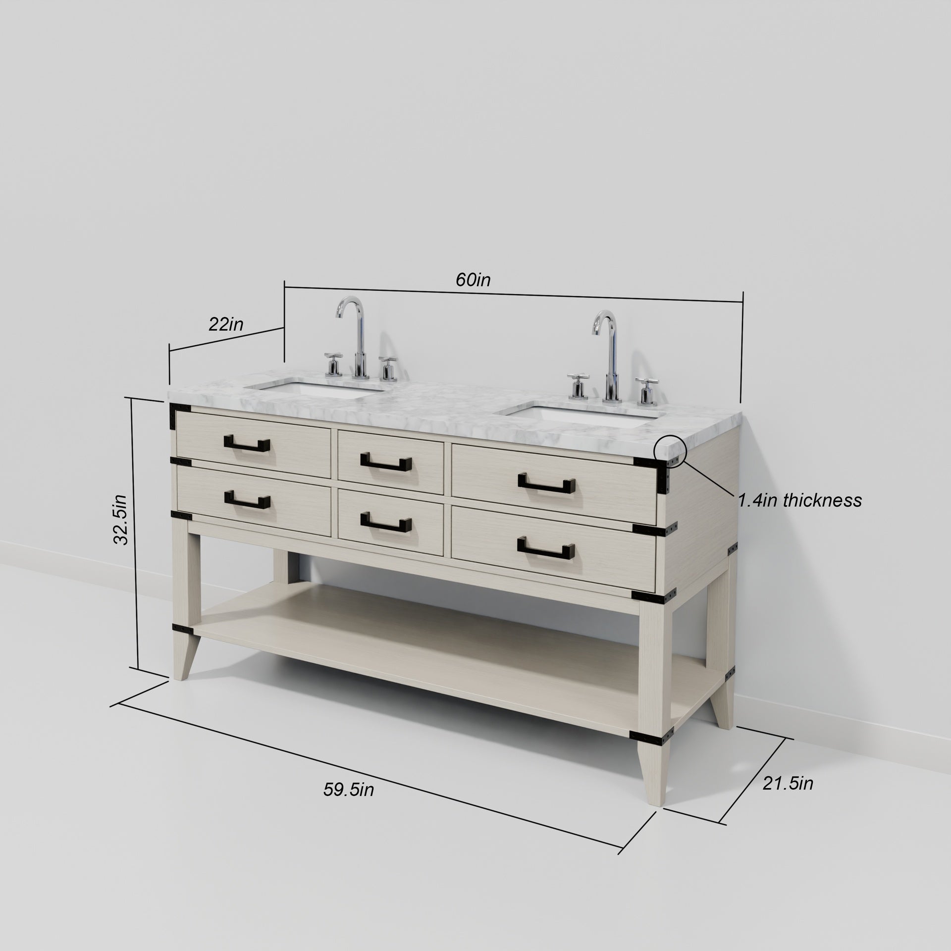 White Oak Double Bath Vanity 60 in. W x 22 in. D, Carrara Marble Top, and Faucet Set
