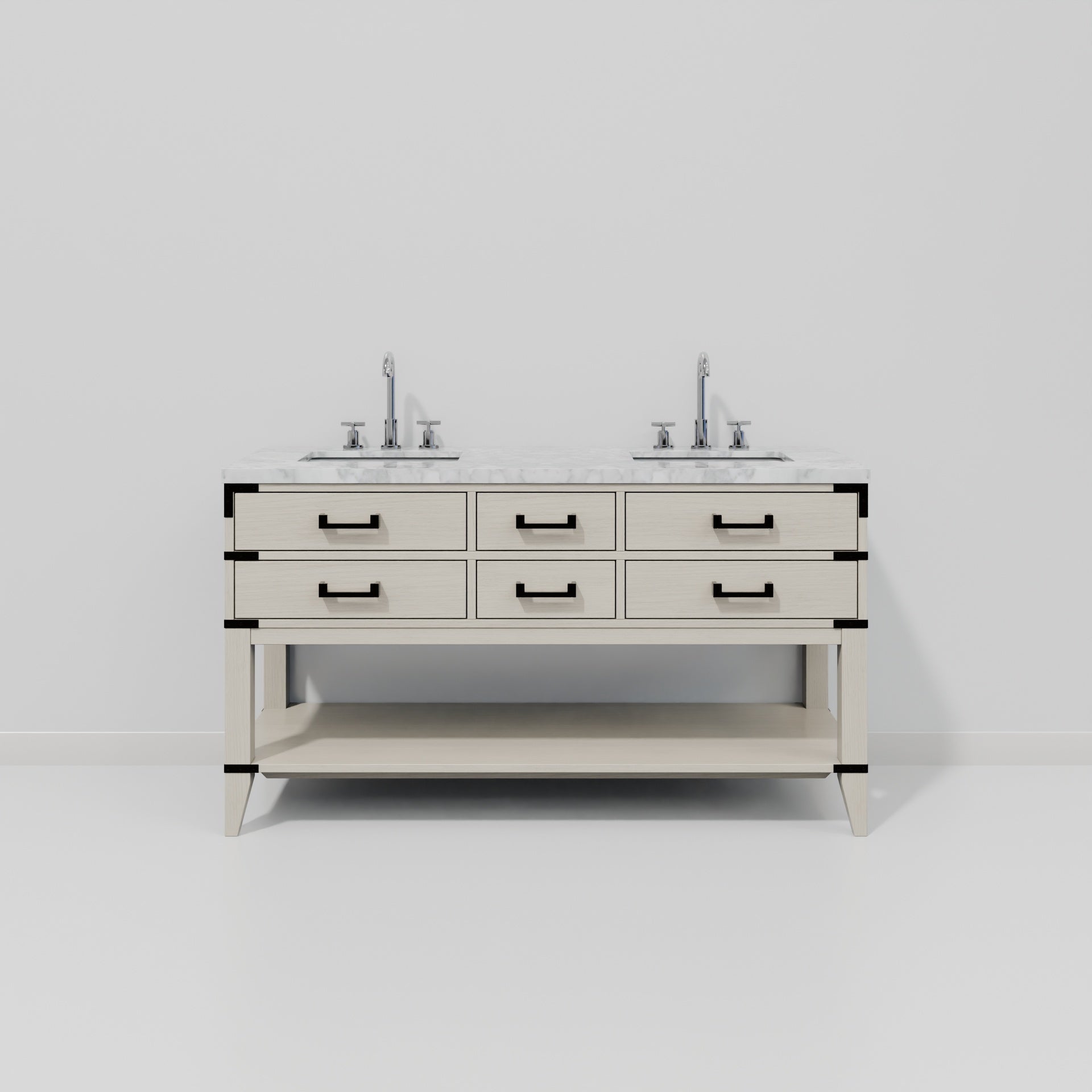 White Oak Double Bath Vanity 60 in. W x 22 in. D, Carrara Marble Top, and Faucet Set