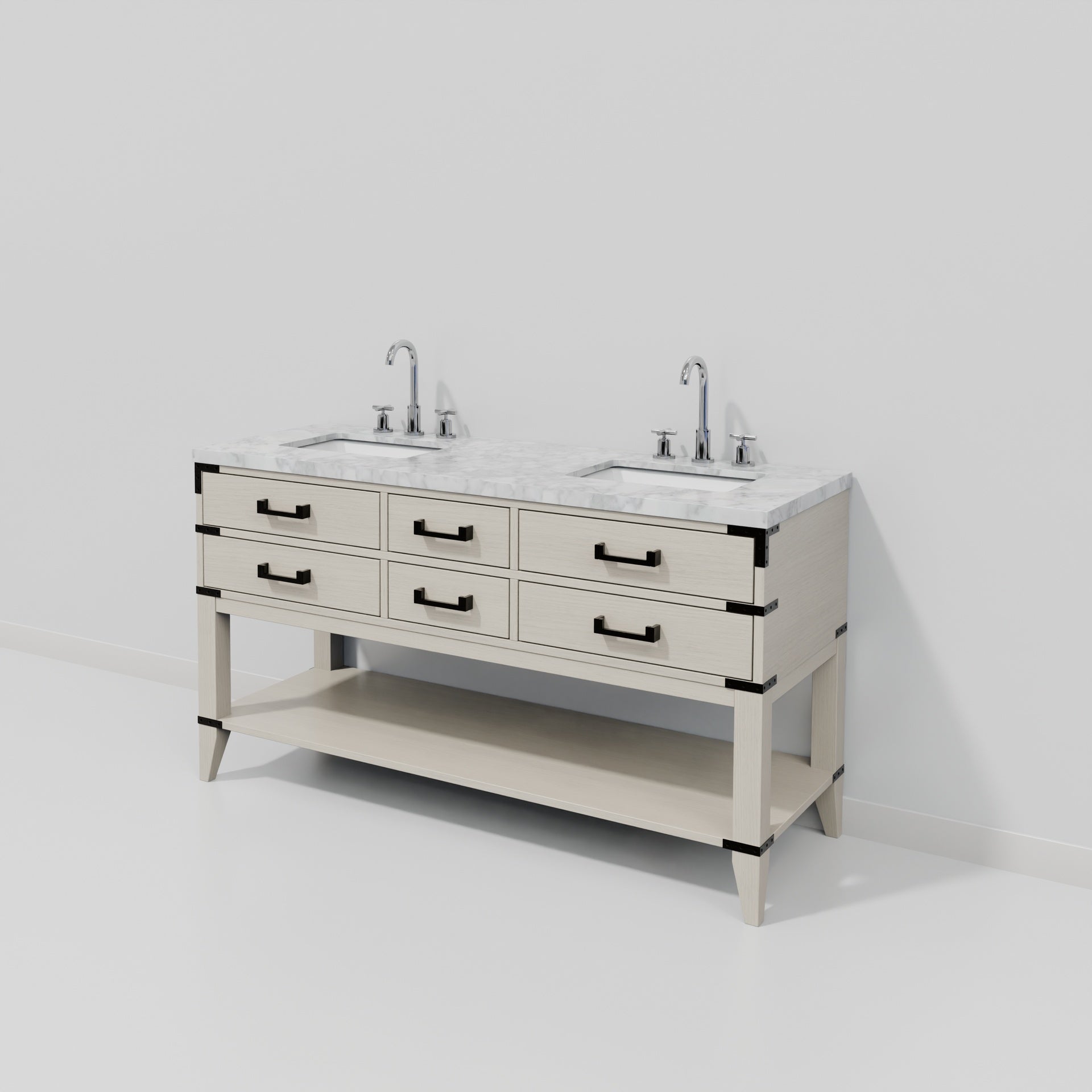 White Oak Double Bath Vanity 60 in. W x 22 in. D, Carrara Marble Top, and Faucet Set
