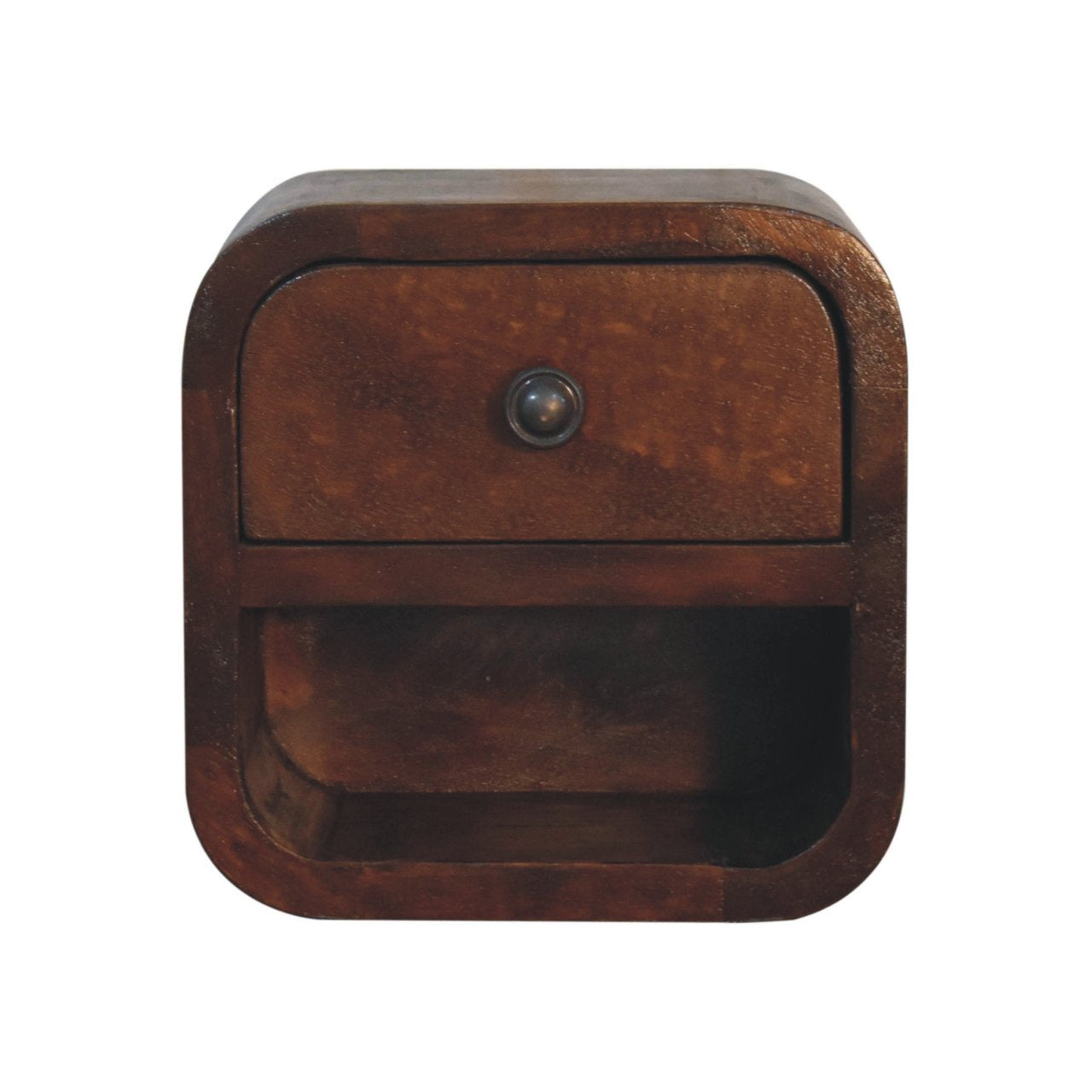 Extra Mini Curved Chestnut Bedside with Open Slot, 1-Drawer, Dark Brown