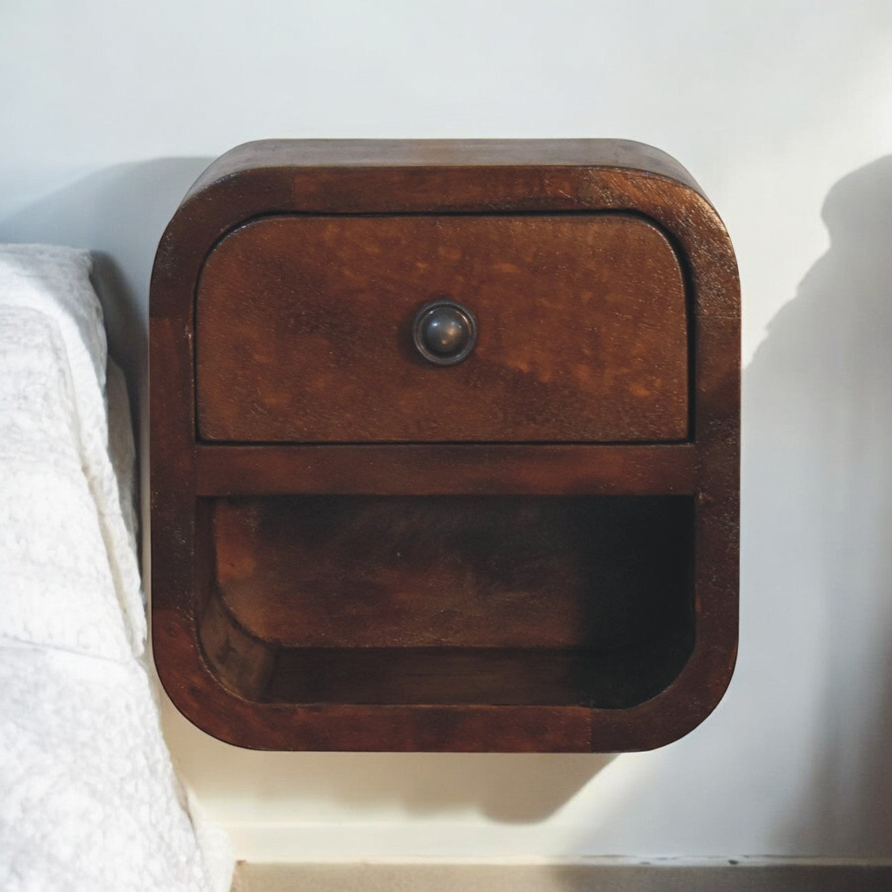 Extra Mini Curved Chestnut Bedside with Open Slot, 1-Drawer, Dark Brown