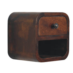 Extra Mini Curved Chestnut Bedside with Open Slot, 1-Drawer, Dark Brown