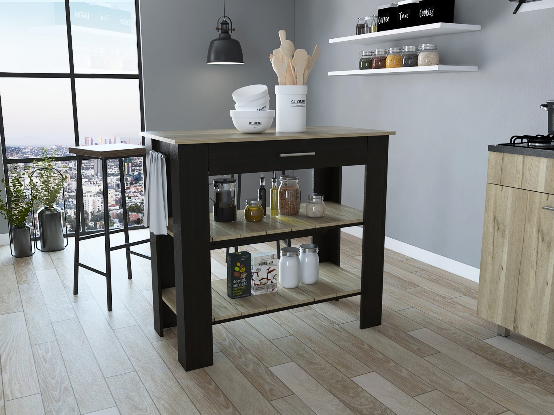 Cala Kitchen Island 40, Two Shelves, One Drawer, Four Legs  -Black / Light Oak