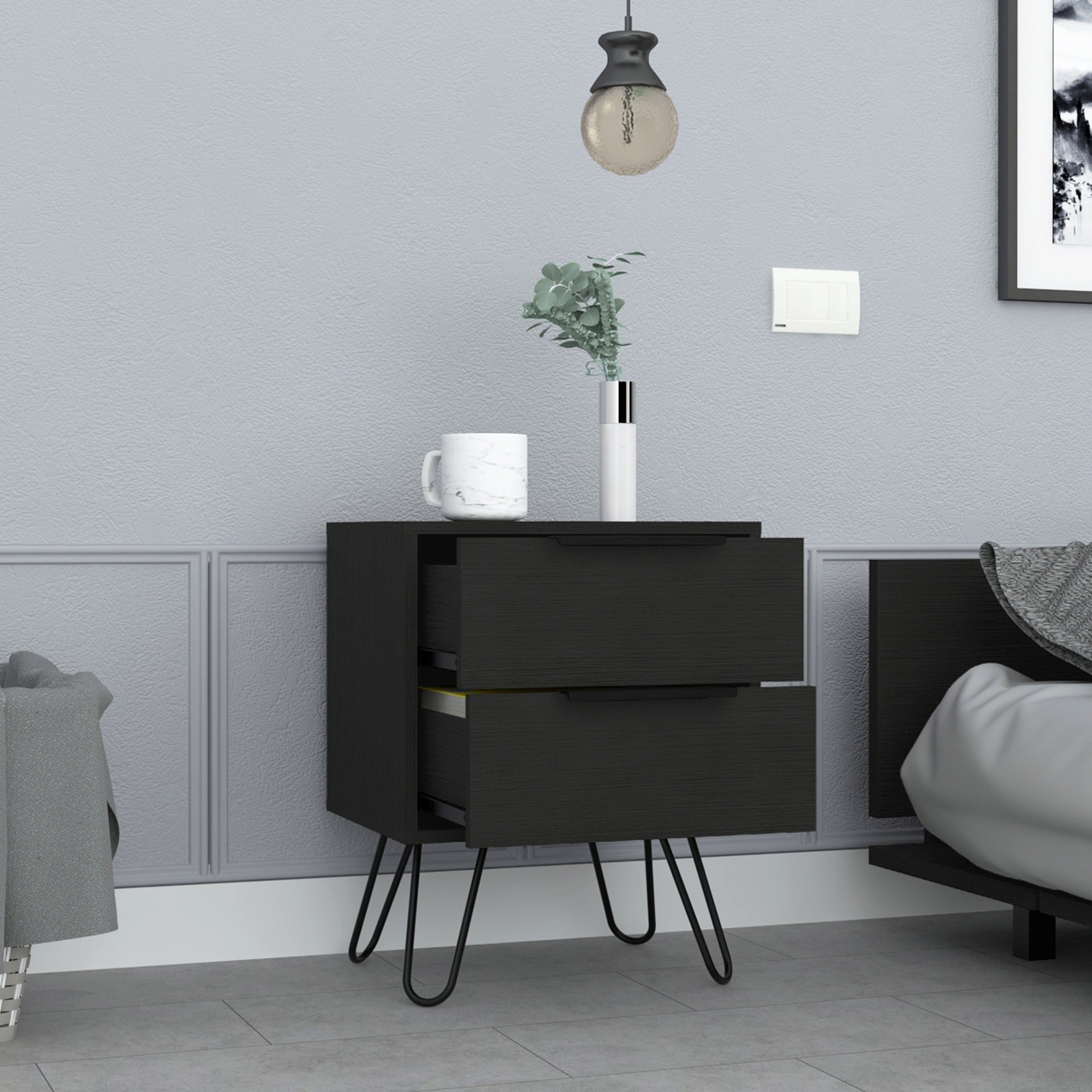 Augusta 2 Nightstand , End Table, Side Table Four Legs, Two Drawers -Black