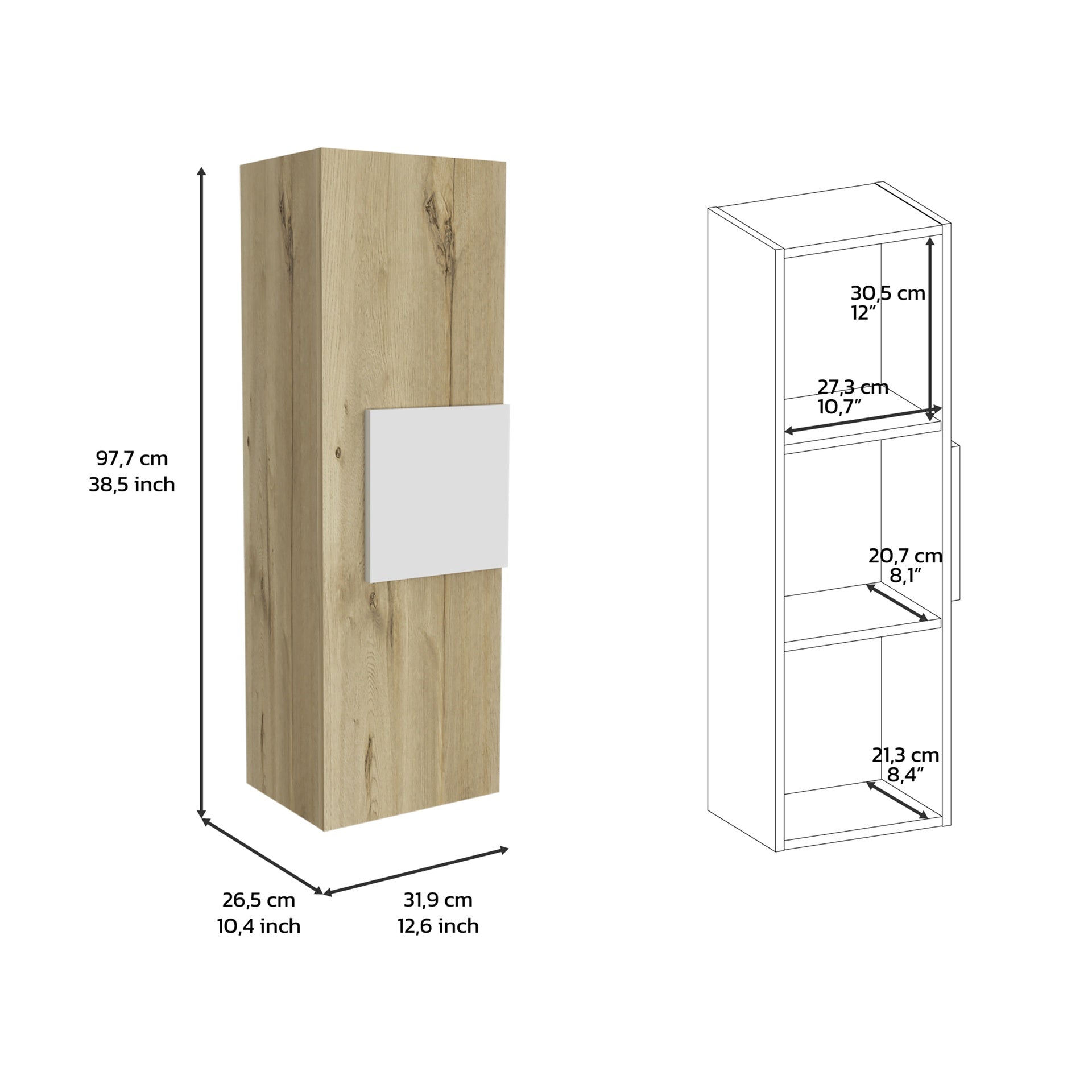 Vanguard Medicine Cabinet, Three Shelves, Single Door Cabinet -White / Light Oak