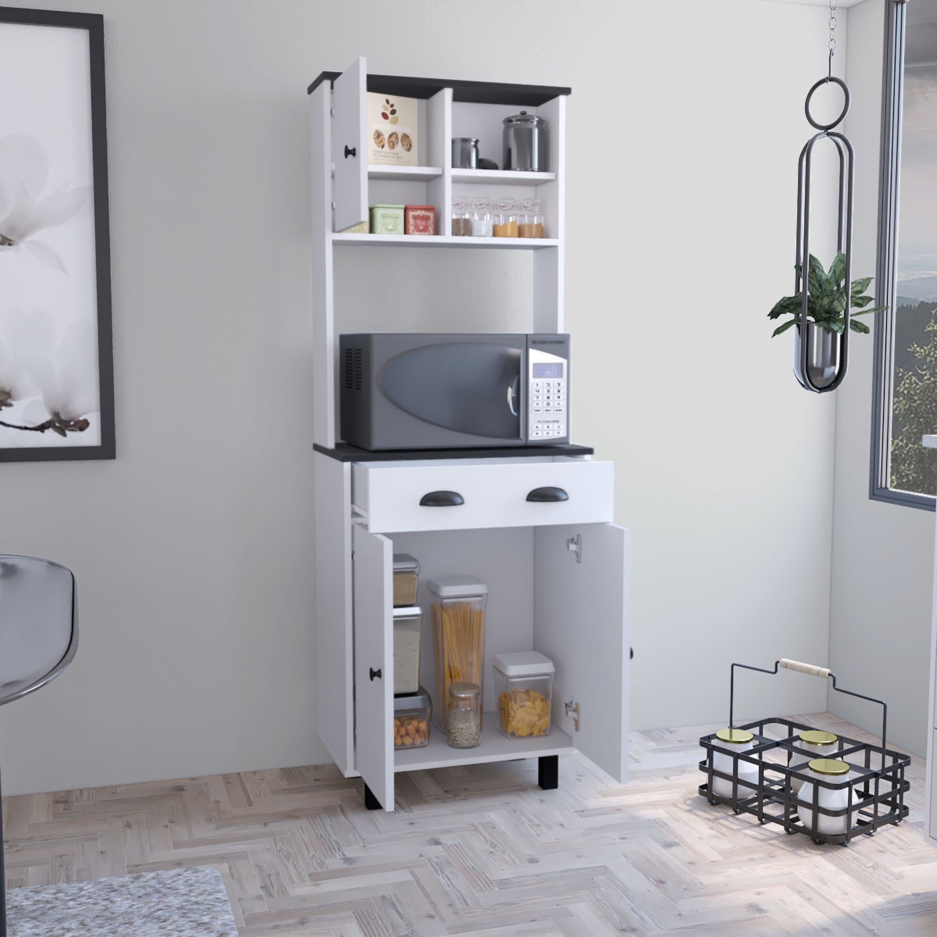 Salem Kitchen Pantry with 2 Cabinets, 2 Open Shelves, and Drawer