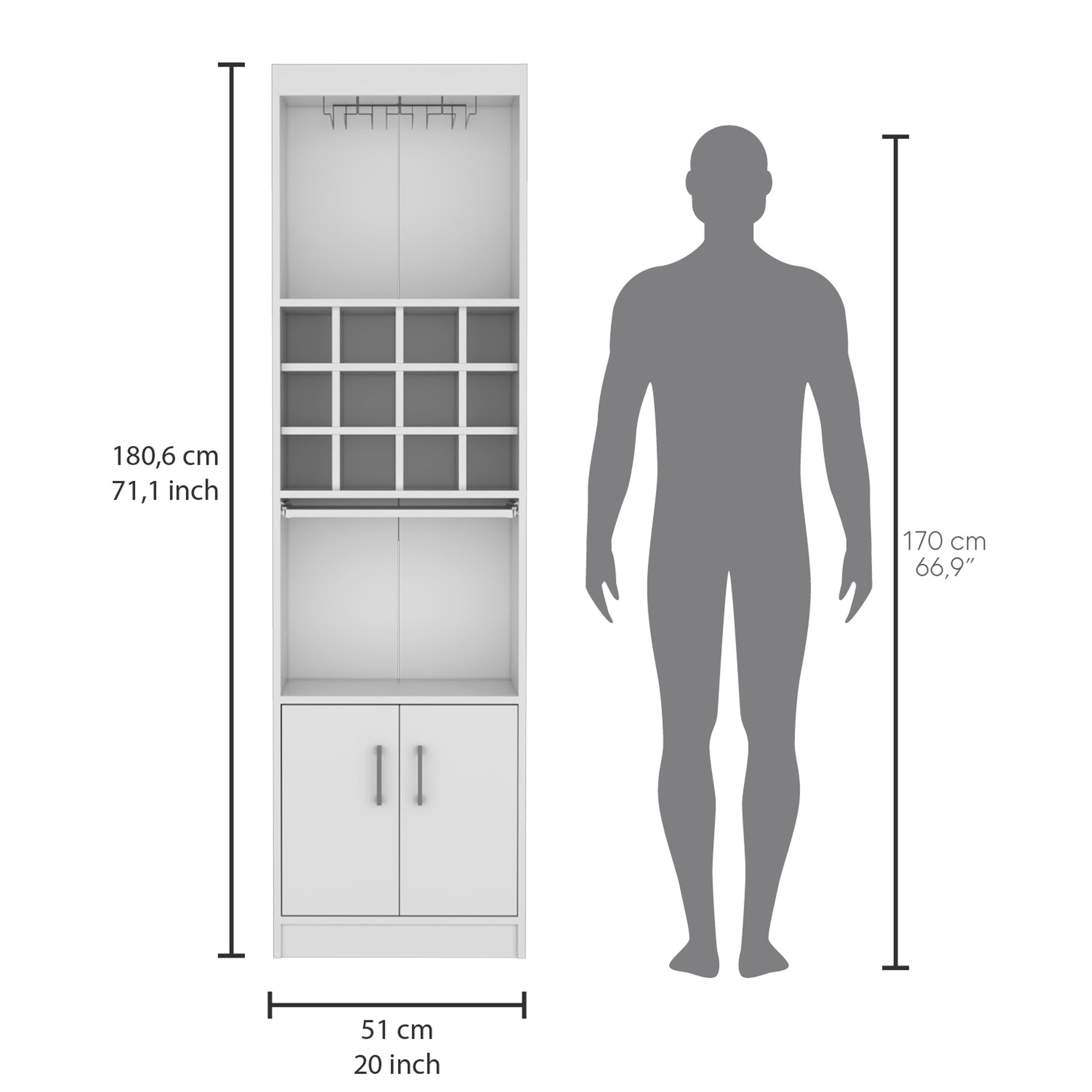 Kevil 71-Inch Tall Bar Cabinet 5-Tier Modern Bar Cabinet with Glass Holder Stemware Rack, Wine Cabinet, Liquor Cabinet, 12 Bottle Cubbies, 5 Shelves, and Pull Out Tray