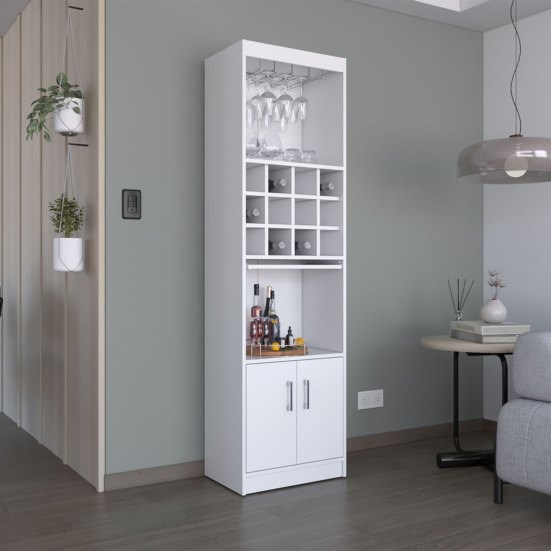 Kevil 71-Inch Tall Bar Cabinet 5-Tier Modern Bar Cabinet with Glass Holder Stemware Rack, Wine Cabinet, Liquor Cabinet, 12 Bottle Cubbies, 5 Shelves, and Pull Out Tray