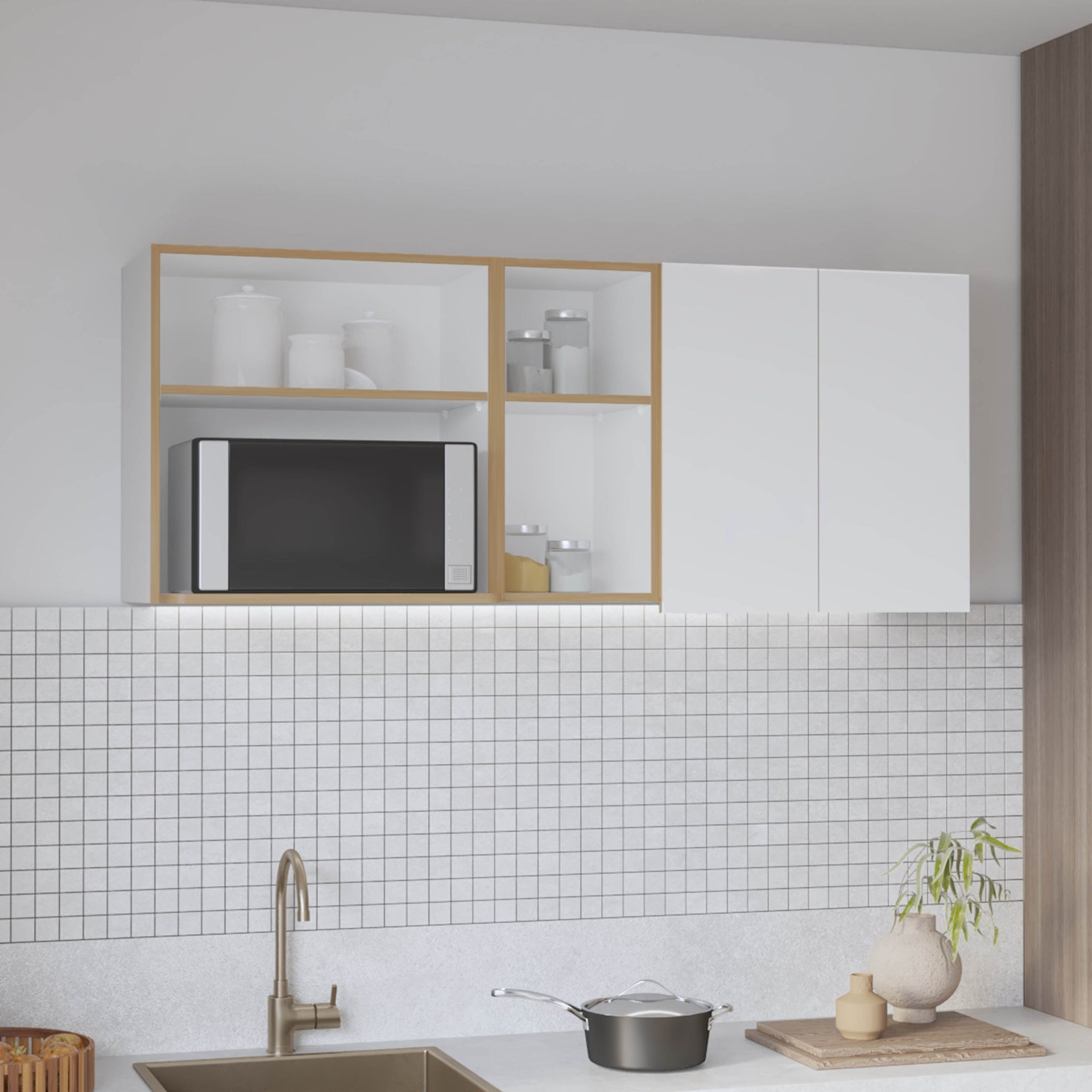 Corinto 59" Wide  Two - Door Wall Cabinet with Four Shelves, Drying Rack Dish for Kitchen, Garage, Laundry Room White - Natural Oak