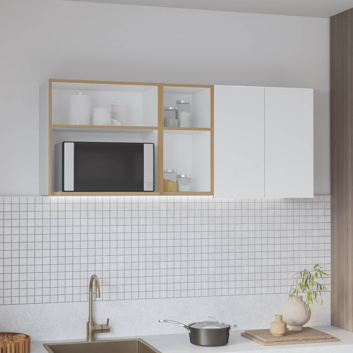 Corinto 59" Wide  Two - Door Wall Cabinet with Four Shelves, Drying Rack Dish for Kitchen, Garage, Laundry Room White - Natural Oak