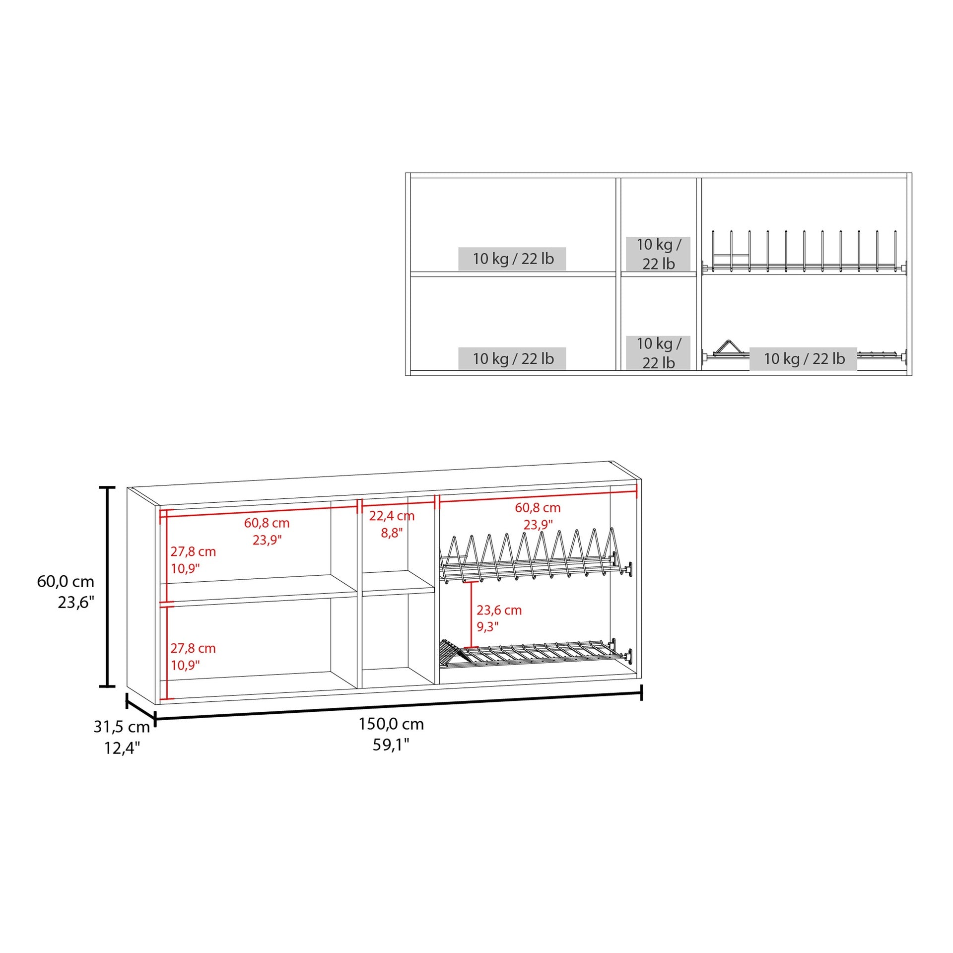 Portofino 150 Wall Cabinet, Double Door, Two External Shelves, Two Interior Shelves Natural Oak