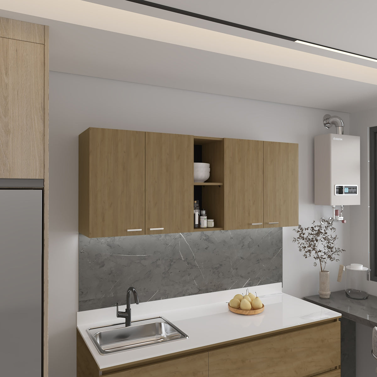 Portofino 150 Wall Cabinet, Double Door, Two External Shelves, Two Interior Shelves Natural Oak
