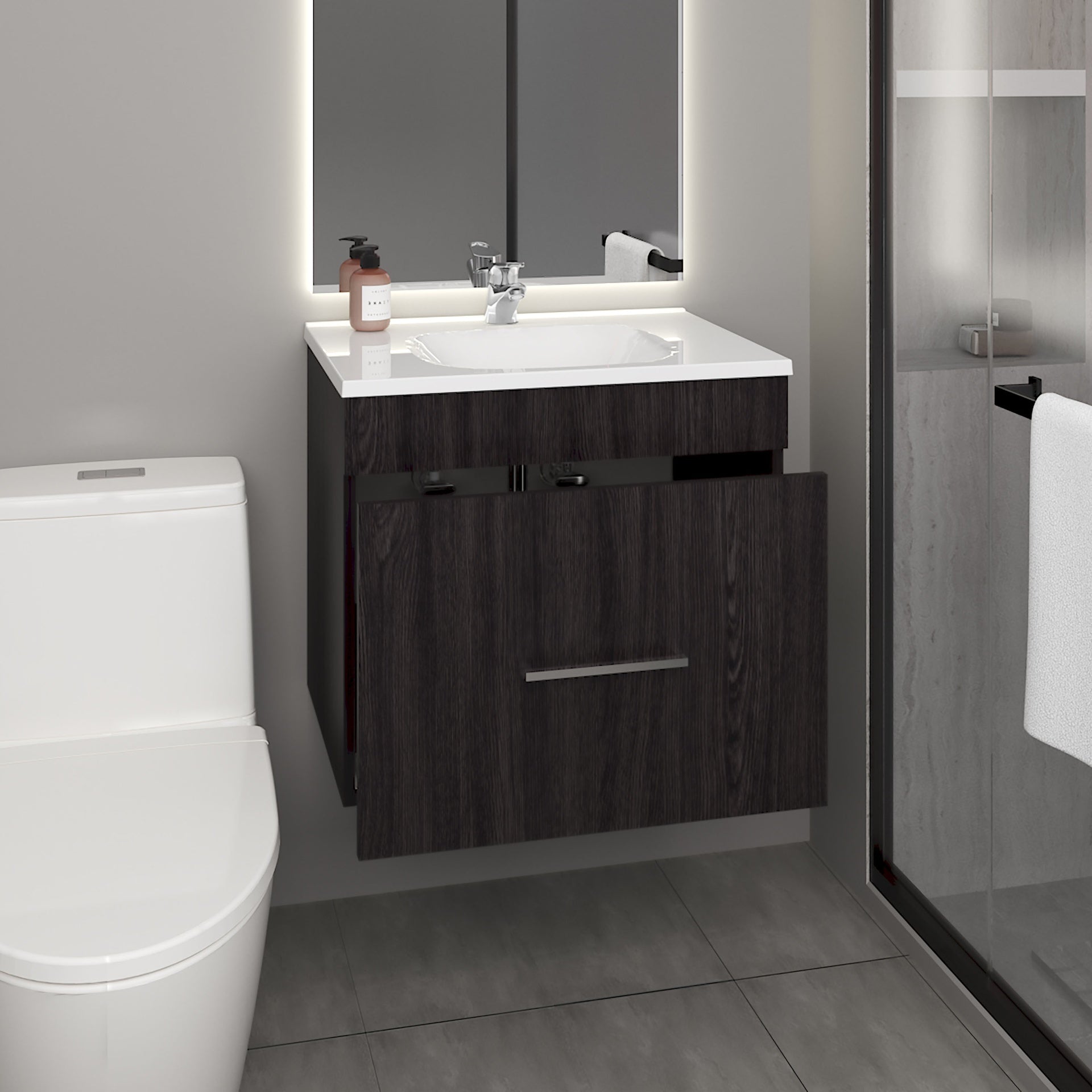 One door Batroom Vanity Hatta, Two Drawers and Open Shelf, Includes Hardware, Black