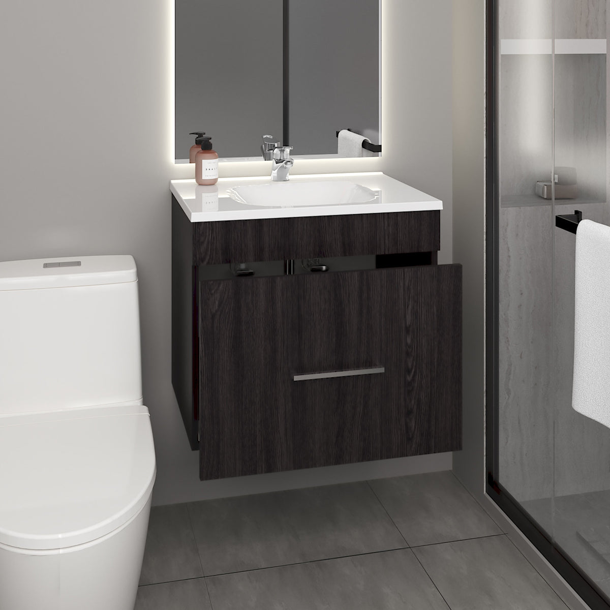 One door Batroom Vanity Hatta, Two Drawers and Open Shelf, Includes Hardware, Black