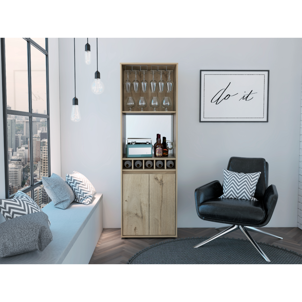 Prana Bar Cabinet, Two Shelves, Five Built-in Wine Rack, Double Door -Light Oak