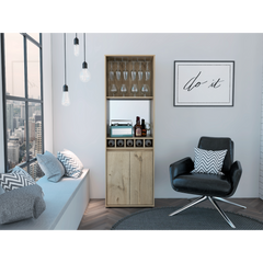 Prana Bar Cabinet, Two Shelves, Five Built-in Wine Rack, Double Door -Light Oak
