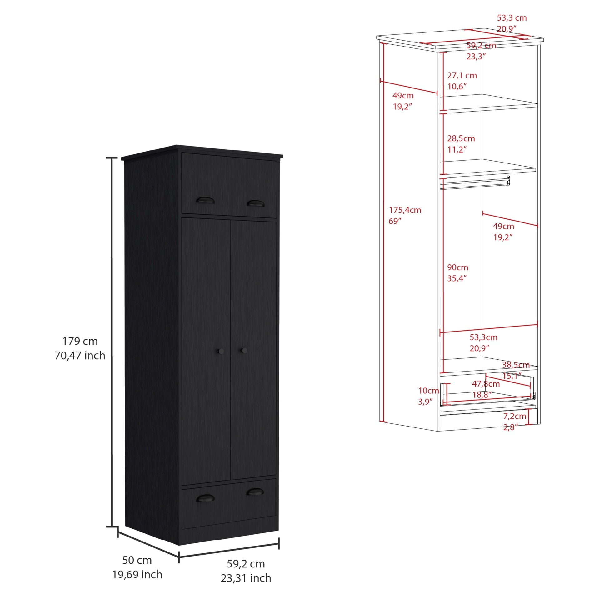 Falkland Armoire with 1 Drawer and 1 Hinged Drawer with Handles Black