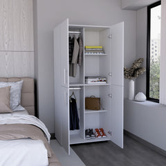 Hazel 70" High Four-Door Armoire Wardrove Closet Cabinet, Six Shelves and Two Hanging Rods, Bedroom Clothes Storage Cabinet Organizer White